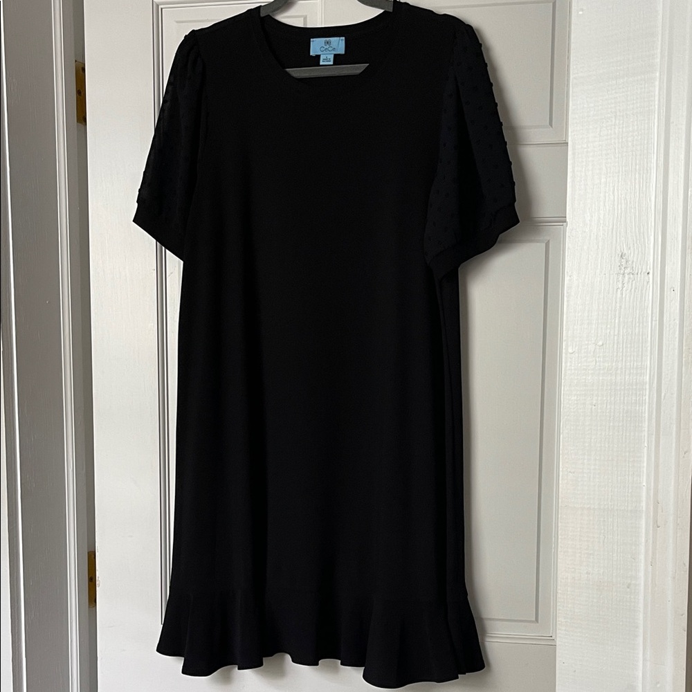 CeCe Elegant Black Ruffled Hem Clip Dot Sheer Sleeves Shift Dress